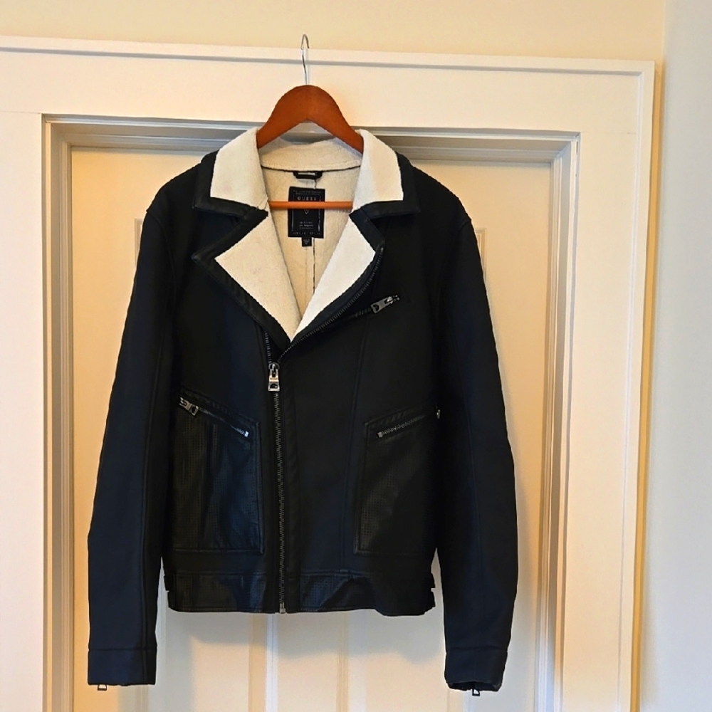 Men's Guess Black Faux Leather Jacket with White Collar